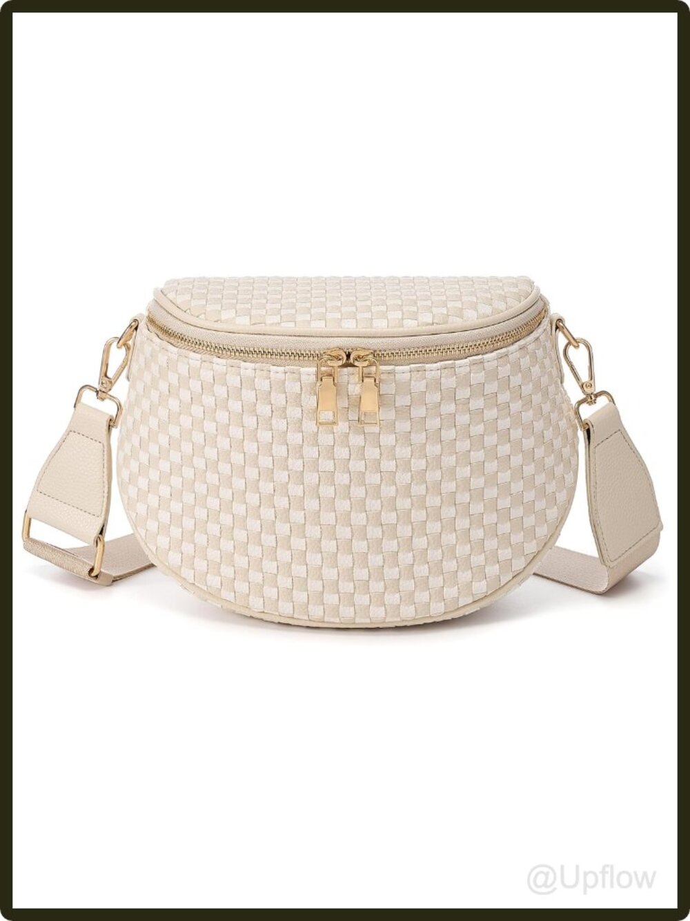Women's Woven Checkered Crossbody Bum Bag PU Leather Adjustable Strap Zipper